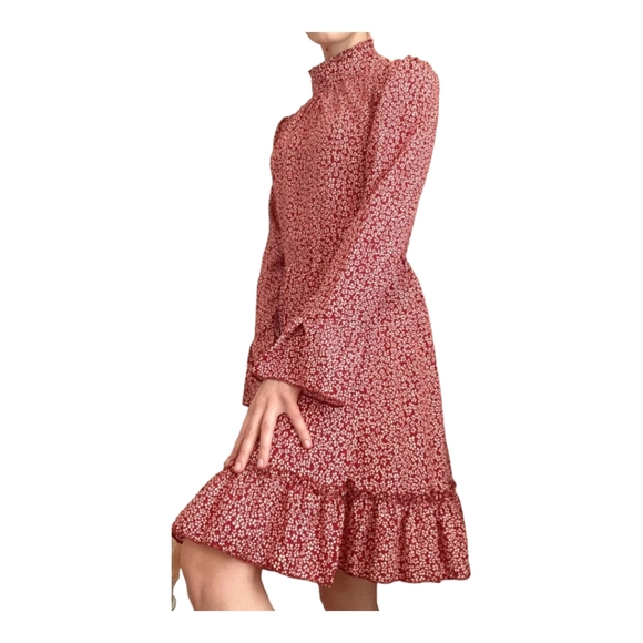 SHEIN Red with White Floral Shirred Neck Long Sleeve Dress Size S - Picture 2 of 10